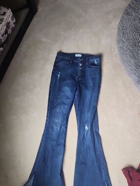 High-Rise Dark Blue Flare Jeans with Button Front